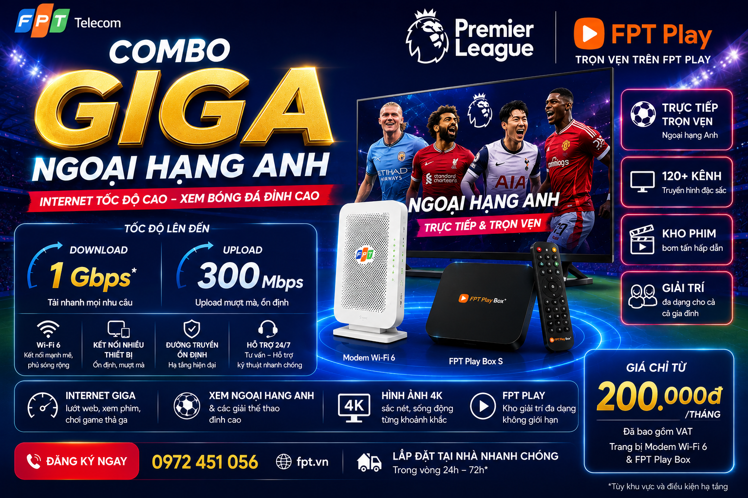 Combo Giga EPL – Ngoại Hạng Anh – Giá : 220.000 vnđ/tháng